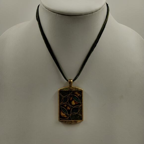 Necklace Liz Sophia Multicolor Stained Glass & Gold Tone Pendant in Corded Chain - Picture 2 of 7